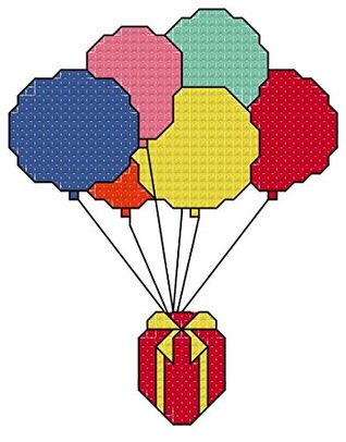 Download Present with Balloons cross stitch chart/ pattern - uses whole, quarter and backstitch: Perfect for birthdays or other gift-giving occasions to put in a card or frame - Rainbow Stitches file in ePub